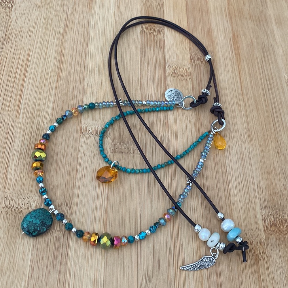 Beaded Crystal, Gemstone, Turquoise Adjustable Leather Necklace with Charms